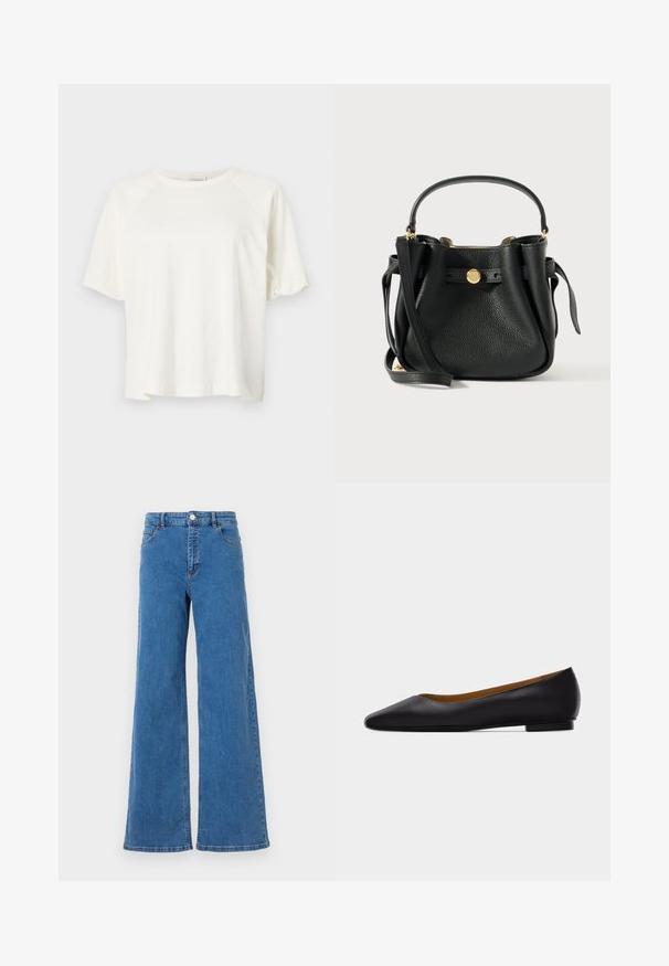 CLOSED WIDE SLEEVE - Lihtne T-särk - ivory; Laiad sinised denim püksid kõrge vöökohaga, ees taskud ja nööbiga kinni. Kanga pind on sile ja klassikaline õmblusmustritega.; Mustast nahast terava ninaga madala kontsaga tasasel tallal king, nähtud küljelt helehallil taustal.; Musta tekstureeritud nahast käekott lühikese käepideme ja pika õlavöödiga, kullatooniga ümmargune logo klamber ees.