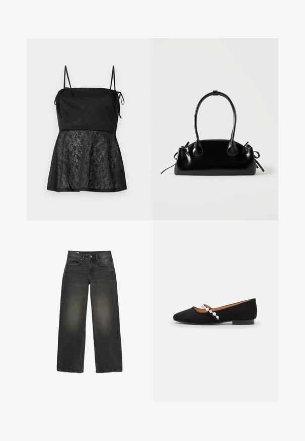 Sort ærmeløs kjole med tynde stropper, tætsiddende liv og udvidet skørt med et diskret blomsterblonde mønster.; Sorte vidde jeans lavet af denim med en falmet finish. Har fem lommer, en frontlynlås og en knaplukning. Detaljeret stikning som accent.; Sorte ruskind balletflade med spids tå, der har en dekorativ rem prydet med hvide perler og en lav hæl.; Lille sort blank håndtaske med to lange håndtag og snøre-detaljer i siden på en ensfarvet lys baggrund.