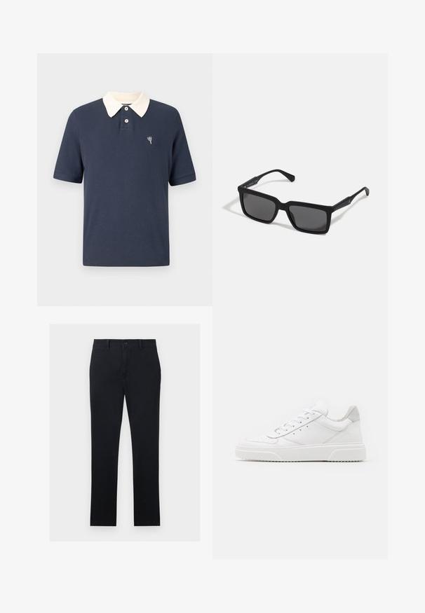 Polo azul marino con cuello crema, mangas cortas, textura acanalada, tapeta de tres botones y pequeño detalle de corazón bordado en el pecho.; Chinos negros fabricados en tela de algodón, con piernas rectas, cierre de botón frontal y dos bolsillos laterales. Textura suave, con un diseño minimalista.; Zapatillas de cuero blanca con un acabado suave, punta redondeada, cordones planos y una suela texturada. Acento de ante gris en el talón.; Gafas de sol negras con lentes rectangulares, acabado mate, montura gruesa y brazos delgados con un discreto detalle de marca.