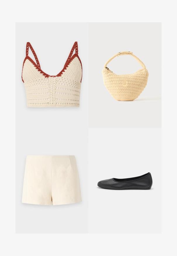 Häkeltop in Creme und Rost mit dreieckigen Cups, verstellbaren Trägern und einer offenen Struktur mit detaillierten Verzierungen.; Beige maßgeschneiderte Shorts aus leichtem Stoff, mit glatter Textur, klaren Linien und ohne sichtbare Verschlüsse oder Taschen.; Schwarze Leder-Ballettschuhe mit abgerundeter Spitze, glatter Textur, minimalen Nähdetails und einem flexiblen Sohlen-Design.; Beige gewebte Handtasche mit rundem Körper, Reißverschluss und kurzem, dickem Riemen in einfachem, strukturiertem Häkelstil.