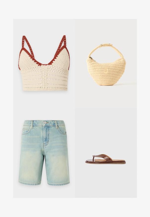 Bralette au crochet en crème et rouille, avec des bonnets triangulaires, des bretelles réglables et une texture à mailles ouvertes avec des détails complexes.; Shorts en denim bleu clair avec une finition délavée, dotés d'un design à cinq poches, de coutures visibles et d'une fermeture à bouton métallique à la taille.; Tongs en cuir marron avec une bride texturée et une semelle intérieure lisse. Présente un design minimaliste et une semelle plate, adaptées pour un usage décontracté.; Sac à main beige tissé avec corps arrondi, fermeture éclair et une sangle courte et épaisse dans un style crochet simple et texturé.