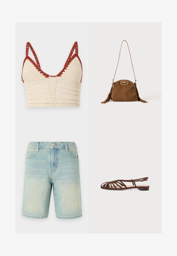 Häkeltop in Creme und Rost mit dreieckigen Cups, verstellbaren Trägern und einer offenen Struktur mit detaillierten Verzierungen.; Hellblaue Denim-Shorts mit einem verblassten Finish, ausgestattet mit einem Fünf-Taschen-Design, sichtbaren Nähten und einem Metallknopfverschluss am Bund.; Braune flache Sandale mit mehreren dünnen Riemen und einer kleinen Schnalle am Knöchel vor hellem Hintergrund.; Braune Wildleder-Schultertasche mit langem Riemen, rechteckigem Handgriff-Ausschnitt und Quasten-Details an den Seiten vor weißem Hintergrund.