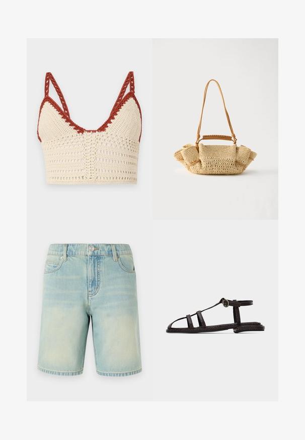 Gehaakte bralette in crème en roest, met driehoekige cups, verstelbare bandjes en een open geweven textuur met ingewikkelde details.; Lichtblauwe denim shorts met een vervaagde afwerking, voorzien van een vijf-pocket design, zichtbare stiksels en een metalen knoopsluiting bij de tailleband.; Donkerbruine platte sandaal met gestructureerde banden, enkelgesp en open teen ontwerp tegen een effen lichte achtergrond.; Geweven beige handtas met een lange dunne riem en geplooide zijkanten, met een korte handgreep omwikkeld met leer voor draagopties.