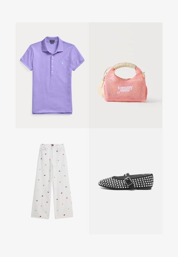 Lyse lilla polo shirt med korte ærmer og krave, fire hvide knapper og et lille broderet lyseblåt hestelogo på venstre bryst.; Hvide jeans med vide ben og små flerfarvede flagmønstre spredt ud over stoffet, forlommer og knaplukning.; Sort flad sko med rund tå, nitterdesignet med metalliske accenter og en spænde-rem over vristen.; Lyserød mesh håndtaske med beige viklet håndtag, aftagelig beige rem og "tommy jeans" hvidt logo centreret foran.