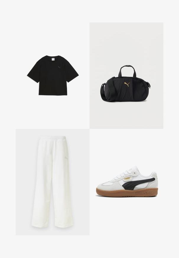 Sort kortærmet cropped t-shirt med rund hals og lille Puma-logo på brystet.; Hvide sweatpants med løs pasform, elastisk taljebånd og diskret logo på højre lår.; Hvide lædersneakers med en sort ruskindsstribe, gummigummisål og guldbranding på siden. Snørebånddesign med en afrundet tå.; Sort tekstureret skuldertaske med top håndtag, bred justerbar rem og lille gyldent Puma-logo centreret foran.