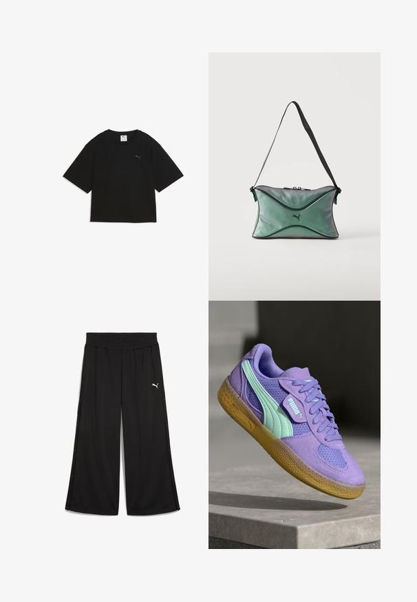 Zwarte korte mouwen cropped T-shirt met ronde hals en een klein Puma-logo op de borst.; Zwarte sportbroek met een elastische tailleband, zijsnapknopen en een wit Puma-logo aan de voorkant. Gemaakt van lichtgewicht stof.; Paarse suède en mesh sneaker met mintaccenten, vetersluiting en een gestructureerde gumzool. Bevat PUMA-branding aan de zijkant.; Kleine groene iriserende schoudertas met zwarte rand, zwarte verstelbare band, ritssluiting en Puma-logo middenvoor.
