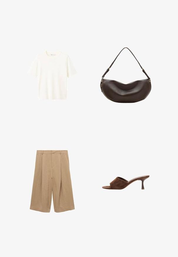 T-Shirt mit kurzem Arm und Rundhalsausschnitt aus weichem, cremeweißem Stoff mit glatter Textur und geradem Saum. Keine sichtbaren Muster oder Verzierungen.; Beige Culottes aus leichtem Stoff, mit weitem Bein, flachem Vorderteil, zwei Seitentaschen und glatter Textur.; Braune Veloursleder-Pantolette mit offenem Zehenbereich, mittelhohem, geschwungenem Holzabsatz und zum Reinschlüpfen auf weißem Hintergrund.; Dunkelbraune Leder-Schultertasche mit geschwungener Form, verstellbarem Riemen und goldenem Reißverschluss entlang des unteren Randes.