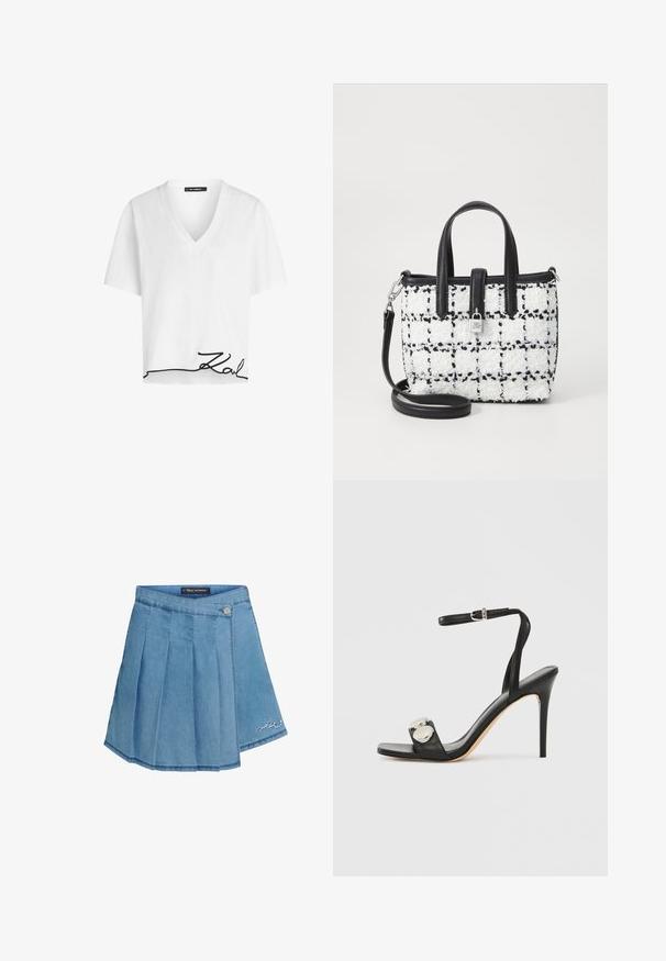 Witte cropped t-shirt met een v-halslijn en korte mouwen. Heeft een zwarte cursieve handtekening aan de onderrand. Zachte stoftextuur.; Denim rok in lichtblauw met geplooid ontwerp, metalen knoopsluiting en geborduurd detail aan de zoom. Gladde textuur en A-lijn vorm.; Zwarte sandaal met hoge hak en enkelbandje, uitgevoerd in glad leer, met een vierkante neus en twee metalen ronde details.; Kleine handtas van gestructureerde zwart-witte tweed met leren accenten, dubbele handvatten bovenaan en een afneembare schouderband.