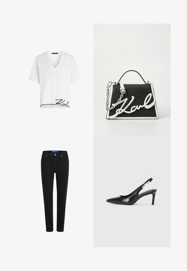 Hvid cropped t-shirt med v-udskæring og korte ærmer. Har en sort kursiv signatur nederst på kanten. Blødt stof.; Sorte denimjeans med slim fit, fem lomme-design, lynlås og metalknaplukning. Har subtil syning og en mellemhøj talje.; Sort læder slingback højhælede sko med spidse tæer, glat overflade og en smal ankelrem med guldfarvede hardware detaljer.; Sort læderhåndtaske med hvide accenter. Har kædstrap, struktureret form og fremtrædende hvidt logo detaljer. Glat tekstur.