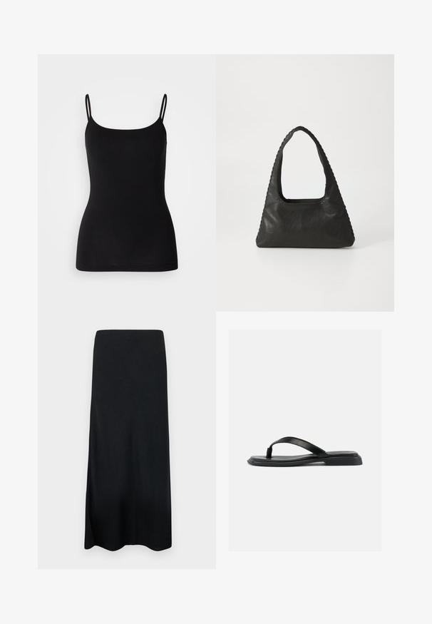 Débardeur noir avec des bretelles fines et ajustables, en tissu extensible lisse et à la silhouette ajustée. Pas de motifs ni de décorations.; Jupe maxi noire en tissu lisse, présentant une silhouette droite et une fente sur le côté. Sans motifs ni détails supplémentaires.; Sandale noire plate en forme de tongs avec une bride texturée et un talon légèrement surélevé, montrée en profil latéral sur un fond clair uni.; Sac à main en cuir noir de forme triangulaire, avec une grande poignée découpée et des coutures détaillées le long des bords. Texture lisse.