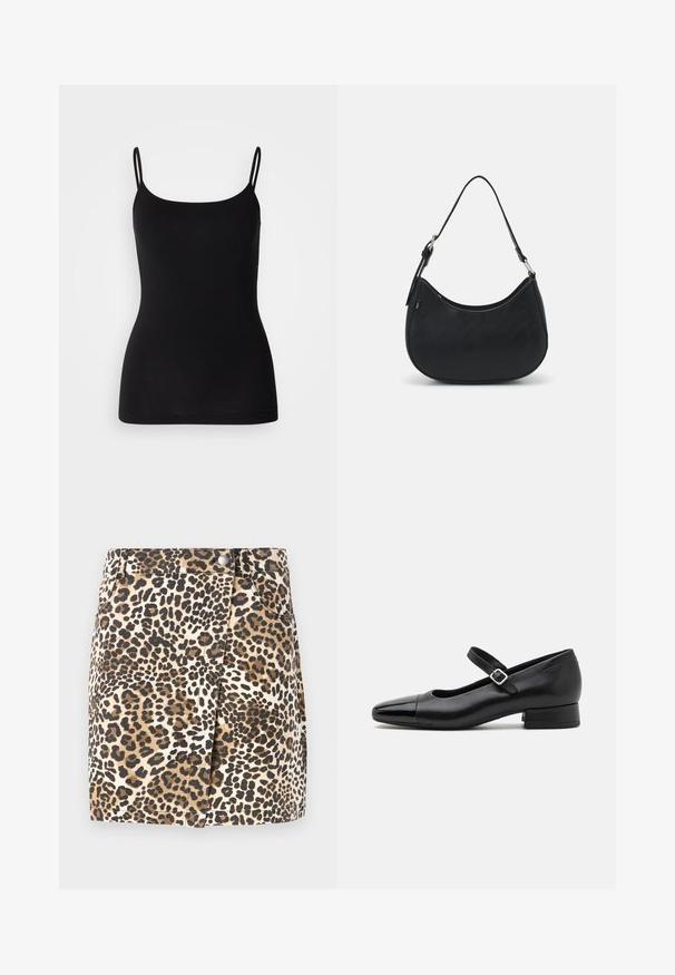Débardeur noir avec des bretelles fines et ajustables, en tissu extensible lisse et à la silhouette ajustée. Pas de motifs ni de décorations.; JDY JDYRAY Short - Minijupe - pumice stone; Chaussures Mary Jane en cuir noir avec un embout en vernis, une sangle cheville réglable et un petit talon carré. Texture lisse et design élégant.; Sac hobo noir en cuir lisse avec une silhouette arrondie, doté d'une seule sangle ajustable et de détails de design minimalistes.