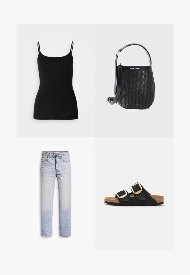 Schwarze Spaghetti-Top mit dünnen verstellbaren Trägern, glattem Stretchstoff und figurbetonter Silhouette. Keine Muster oder Verzierungen.; Helle blaue Denim-Jeans mit geradem Bein, ausgestattet mit einem Knopfverschluss, fünf Taschen und dezenten Ausbleichungen entlang der Beine.; Schwarze Wildleder-Sandalen mit zwei breiten Riemen, die jeweils eine große goldene Schnalle haben, sowie einer natürlichen Korkfußbett und einer strukturierten Gummisohle.; Schwarze gewebte Handtasche mit abgerundetem Boden, Lederbesatz, verstellbarem Schulterriemen und Samsøe Samsøe Markenlogo am oberen Band.