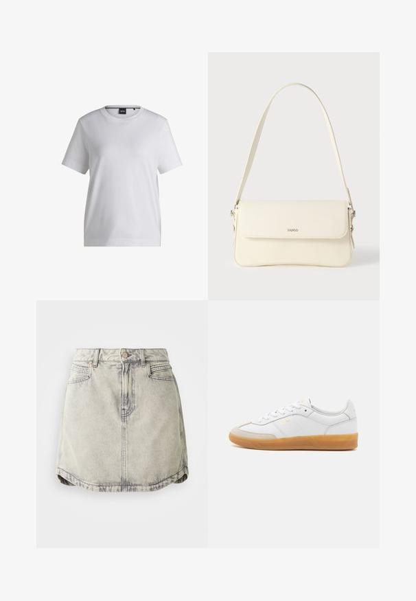 Weißes Baumwoll-T-Shirt mit rundem Halsausschnitt, kurzen Ärmeln und bequemer Passform. Mit einem kleinen Markenschild nahe dem Kragen.; Jeansrock in Hellgrau mit einem verwaschenen Texture, ausgestattet mit einem geknöpften Taillenbund, Fronttaschen und einem leicht gewölbten Saum.; Weiße Ledersneaker mit beigen Wildlederakzenten, Gummi-Rahmen und Schnürdesign. Verfügt über dezente Markenkennzeichnung in Gold.; Schultertasche aus cremefarbenem Leder mit Klappverschluss, silbernen Beschlägen, einem verstellbaren Riemen und einem dezenten Logodetail.
