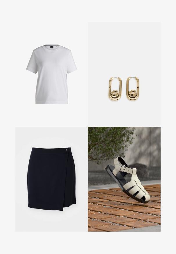 T-shirt en coton blanc avec un col rond, des manches courtes et une coupe décontractée. Il présente une petite étiquette de marque près du col.; Jupe mini enveloppante marine en tissu lisse avec une fente sur le côté et un petit accent métallique à la taille. Design épuré et minimaliste.; Sandale en cuir beige avec boucle, design à lanières, semelle noire, présentée en extérieur sur une surface en bois à motif avec un arrière-plan verdoyant flou.; BOSS DOUBLE B SWING - Boucles d'oreilles - gold-coloured