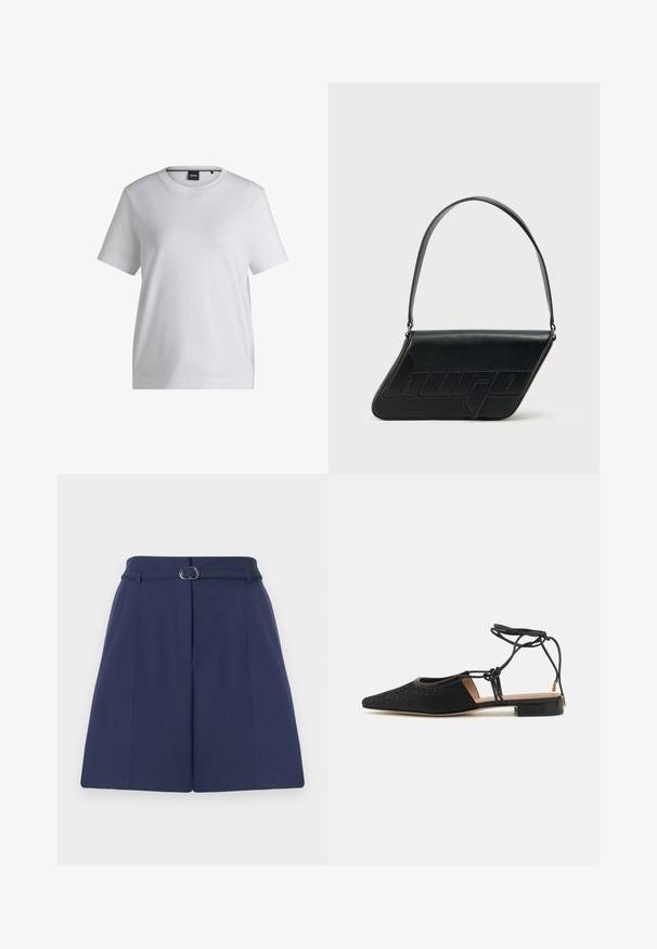 T-shirt en coton blanc avec un col rond, des manches courtes et une coupe décontractée. Il présente une petite étiquette de marque près du col.; Shorts ajustés bleu marine avec une ceinture, dotés d'une passante de ceinture, de détails plissés et d'une texture de tissu lisse. Coupe droite standard.; Chaussure plate noire avec un bout pointu, dessus texturé, liens autour de la cheville et un petit talon carré. Présente un motif subtil sur le matériau.; Sac d'épaule en cuir noir de forme triangulaire, avec un logo embossé et une seule bandoulière réglable. Design minimaliste avec une texture lisse.