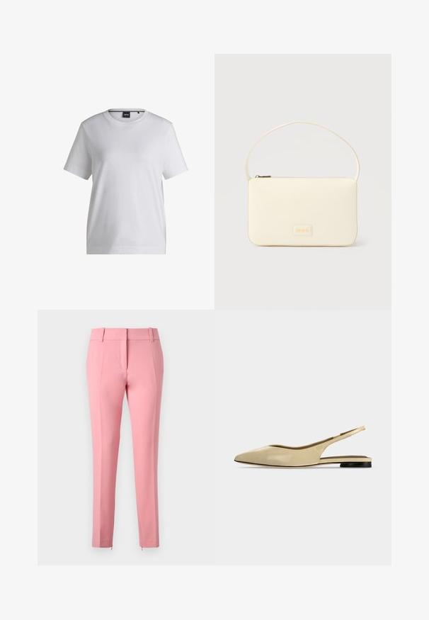 Weißes Baumwoll-T-Shirt mit rundem Halsausschnitt, kurzen Ärmeln und bequemer Passform. Mit einem kleinen Markenschild nahe dem Kragen.; Rosa maßgeschneiderte Hose mit glatter Textur, geraden Beinen und einem Reißverschlussdetail am Saum. Verfügt über Gürtelschlaufen und ein flaches Frontdesign.; Beiger Slingback-Ballerina mit spitzer Kappe, niedrigem schwarzem Absatz und glattem Lederfinish, seitlich auf einfarbigem Hintergrund gezeigt.; Rechteckige Handtasche in Cremefarbe mit einem einzelnen Trageriemen und Reißverschluss oben, ausgestattet mit einer kleinen, geprägten Logoplakette vorne.