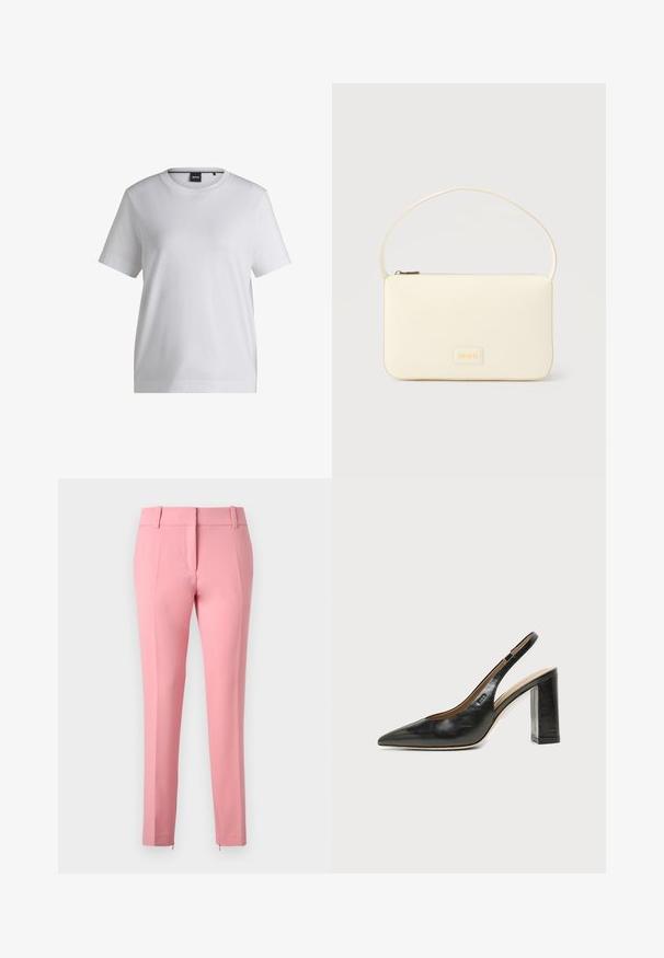 Weißes Baumwoll-T-Shirt mit rundem Halsausschnitt, kurzen Ärmeln und bequemer Passform. Mit einem kleinen Markenschild nahe dem Kragen.; Rosa maßgeschneiderte Hose mit glatter Textur, geraden Beinen und einem Reißverschlussdetail am Saum. Verfügt über Gürtelschlaufen und ein flaches Frontdesign.; Schwarzer Leder-Slingback-Schuh mit spitzer Kappe, hohem Blockabsatz und beigegefüttertem Innenraum vor hellem, einfarbigem Hintergrund.; Rechteckige Handtasche in Cremefarbe mit einem einzelnen Trageriemen und Reißverschluss oben, ausgestattet mit einer kleinen, geprägten Logoplakette vorne.