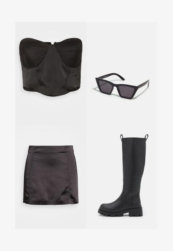 WAL G. NAYARA - Topper - black; Gina Tricot RIO SKIRT - Miniskjørt - black; Sorte høyhælte støvler laget av glatt lær med tykk såle og lett hæl. Har dragetapper og elastiske sidestriper for enkel påkledning.; Svarte, kantete solbriller med grå linser; laget av plast, med tykke stenger som har en glatt overflate og ingen synlige festemidler.