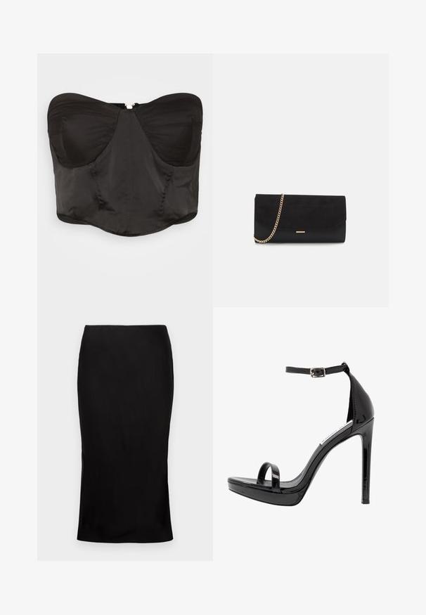 WAL G. NAYARA - Topp - black; Musthave muströiga mustkanga midi seelik, millel on sile tekstuur, külglihase detail ja klassikaline vöökoht. Kujundatud elegantseks siluetiks.; Steve Madden MILANO - Kõrge kontsaga sandaalid - black; Mustan sametist käekott, millel on tekstureeritud pind, kuldse kettstrapiga ja sujuva, nurgaaluse disainiga.