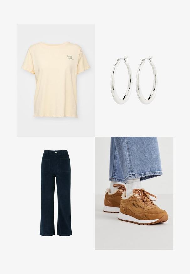 Svetlo žlté tričko vyrobené z bavlny, s voľným strihom, krátkymi rukávmi a jemným šedým logom "Pepe Jeans" na ľavej hrudi.; Námornícke modré kordové nohavice s vysokým pásom, širokým strihom, dvoma zadnými vreckami a predným zapínaním na gombík. Mäkká textúra s hladkým povrchom.; Hnedé semišové tenisky s bielymi podrážkami, s kožušinovým podšívkou a hnedými šnúrkami. Obsahujú perforované detaily a čierne logo na boku.; Strieborné kruhové náušnice s hladkým, lesklým povrchom. Obľúbený tvar, vybavené bezpečným zapínaním. Jednoduchý a elegantný dizajn.