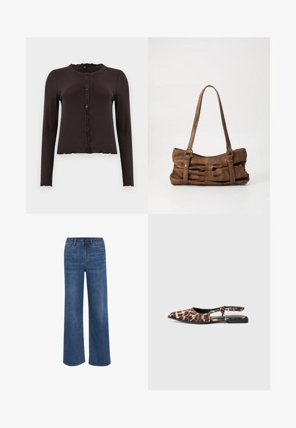 Donkerbruin langemouwen top met ribbeltextuur, kantafwerking bij de halslijn en een knoopsluiting met drie knopen. Golfvormige zoom.; Wijduitlopende jeans van middelblauwe denim. Voorzien van een knoop- en ritssluiting, vijf zakken en subtiele vervaging op de stof.; Leopardprint platte slingback-schoen met spitse neus, open zijkanten en kleine zwarte hak. Materiaal lijkt glad met een lichte glans.; Even&Odd Handtas - brown