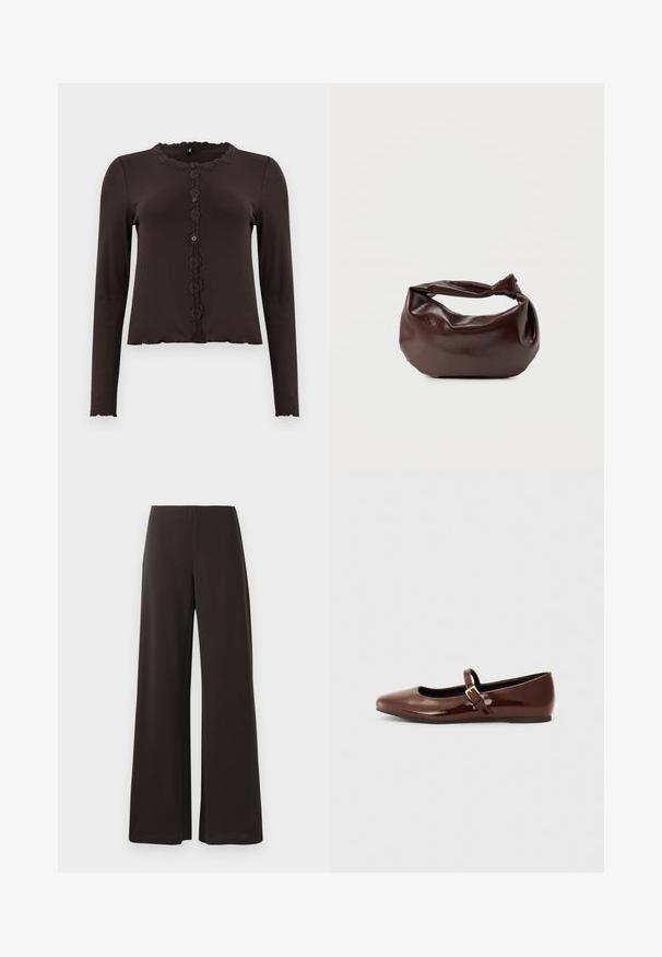 Top de manga larga marrón oscuro con textura acanalada, adornado con encaje en el escote y un frente abotonado con tres botones. Dobladillo con forma de ondas.; Pantalones de pierna ancha negros, hechos de una tela suave y elástica. Presentan una cintura alta y un diseño limpio y minimalista sin cierres visibles.; Bailarina de charol marrón con punta cuadrada y tira que presenta una pequeña hebilla dorada. Textura suave, tacón bajo y diseño minimalista.; Bolso de hombro de cuero marrón oscuro con una forma suave y caída, y un asa con nudo torcido sobre un fondo blanco liso.