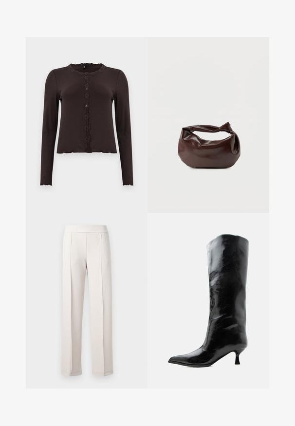 Haut long à manches marron foncé avec une texture côtelée, bordure en dentelle au niveau du col et un devant boutonné avec trois boutons. Ourlet festonné.; Pantalon large beige clair en tissu lisse, doté d'une taille haute, de deux plis avant et d'une finition propre et ajustée.; Botte en cuir noire brillante, haute jusqu'au genou, avec bout pointu et talon bas courbé sur un fond clair uni.; Sac bandoulière en cuir marron foncé avec une forme souple et décontractée et une anse nouée torsadée sur un fond blanc uni.