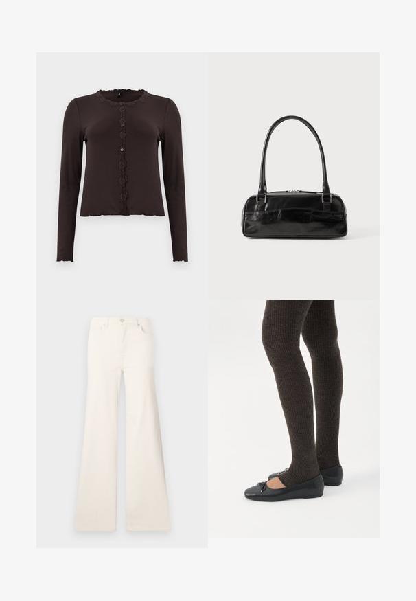 Haut long à manches marron foncé avec une texture côtelée, bordure en dentelle au niveau du col et un devant boutonné avec trois boutons. Ourlet festonné.; ONLY Wide-fit ONLMADISON High waist Wide Leg Fit - Wide Leg - ecru; Jambes portant des leggings côtelés foncés associés à des ballerines noires avec de petits détails en nœud sur fond blanc.; Sac à main en cuir noir de forme rectangulaire, doté d'une seule ansse structurée, de quincaillerie argentée et d'une fermeture éclair. Texture lisse.