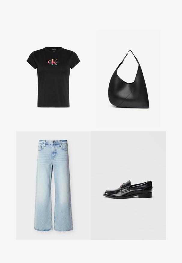 T-shirt noir à manches courtes avec un petit logo multicolore Calvin Klein centré sur la poitrine.; Jean taille haute bleu clair à jambes larges avec poches avant, passants de ceinture et fermeture par bouton.; Mocassin en cuir noir brillant avec petit talon et emblème métallique décoratif sur le cou-de-pied, présenté de profil sur fond blanc.; Sac à épaule en cuir noir avec forme triangulaire incurvée, une seule sangle ajustable, et une couture diagonale visible à l'avant.
