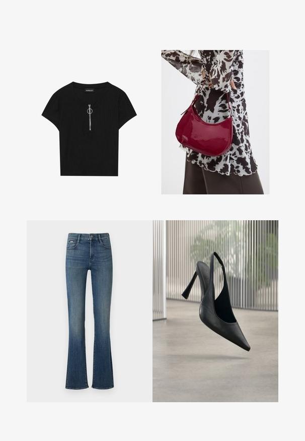 Schwarzes, geripptes Kurzarmoberteil mit Rundhalsausschnitt und einem Frontreißverschluss mit einer metallischen Zuglasche, aus einem strukturierten Stoff gefertigt.; Dunkelblaue Schlagjeans aus Denim mit hoher Taille, einem einzigen vorderen Knopf und subtilen Ausbleichungen entlang der Beine.; Schwarzer Leder Slingback-Stiletto mit spitzer Schuhspitze, schwebt über einem glatten Betonboden und einem vertikalen Metallpaneel im Hintergrund.; Frau trägt eine schwarz-weiß gemusterte Bluse und hält eine glänzende rote Schultertasche vor einem einfarbigen Hintergrund.