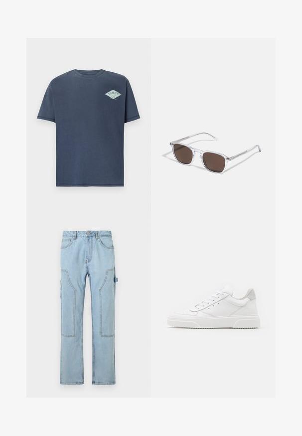 Camiseta de algodón de color azul marino con cuello redondo y mangas cortas. Presenta un logo de diamante azul claro en el lado izquierdo del pecho. Textura suave.; Pantalones cargo de mezclilla azul claros con pernera recta, que cuentan con grandes bolsillos laterales, costuras en contraste y un cierre de botón en la cintura.; Zapatillas de cuero blanca con un acabado suave, punta redondeada, cordones planos y una suela texturada. Acento de ante gris en el talón.; Gafas de sol de plástico transparente con lentes marrones rectangulares, que cuentan con finas varillas transparentes y acentos metálicos en las patillas.