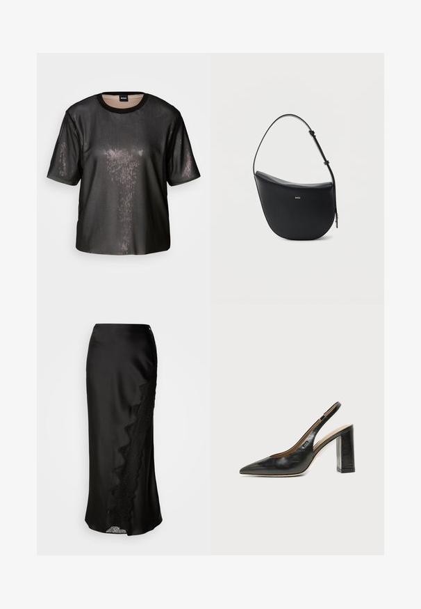 Camiseta negra de manga corta con un acabado texturizado y brillante, cuello redondo y corte holgado. Presenta sutiles lentejuelas para un aspecto reflectante.; Falda de satén negro con un acabado texturizado, dobladillo de encaje en un lado y una silueta recta. Incluye una abertura lateral discreta y cierre.; Zapato slingback de piel negra con puntera puntiaguda, tacón alto y ancho, y forro interior beige sobre un fondo claro y liso.; Bolso de hombro de cuero negro en forma de media luna, con correa ajustable y logo dorado "BOSS" centrado en el frente.