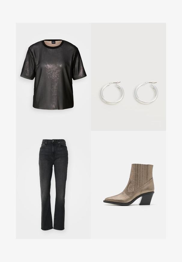 Zwart kortomgetroffen top met een gestructureerde, glanzende afwerking, ronde halslijn en een losse pasvorm. Bevat subtiele pailletten voor een reflecterende uitstraling.; Hoge zwarte denim jeans met rechte pijpen, vijf-pocket ontwerp, sluiting met een knoop aan de voorkant en minimale stikseldetails.; Metalen bronzen enkelboot met een spitse neus, textuur oppervlak, verticale uitsparingen en een blokhak met een doorzichtig accent.; Een paar middelgrote glanzende zilveren oorringen met dunne metalen sluitingen op een lichte neutrale achtergrond.