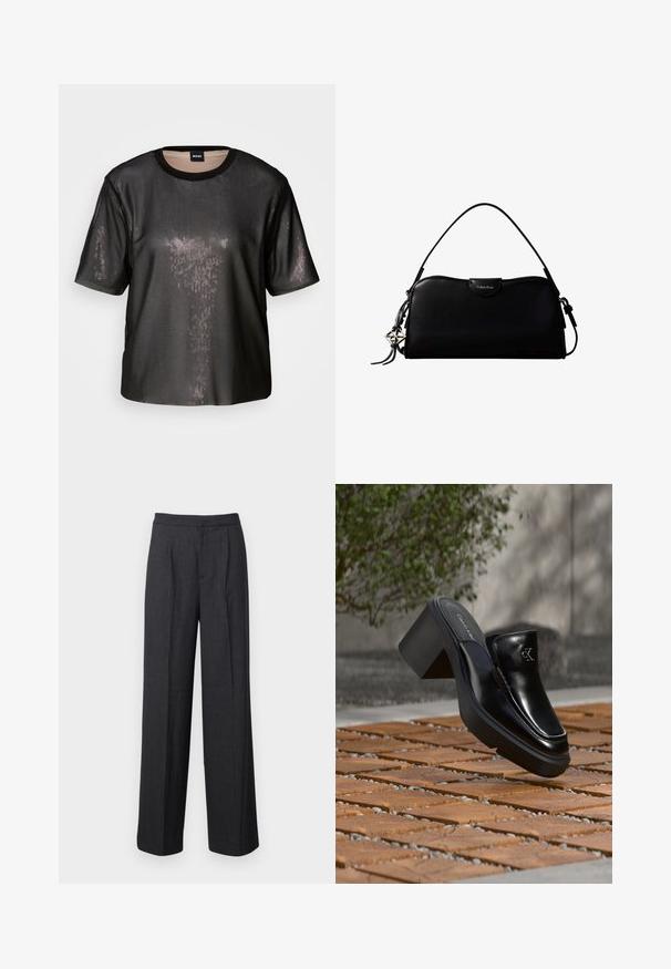 Haut noir à manches courtes avec une finition texturée et brillante, encolure ras du cou et coupe ample. Présente des sequins subtils pour un aspect réfléchissant.; Pantalons larges gris foncé en tissu à texture lisse, présentant un devant plat et une taille ajustée.; Mule slip-on en cuir noir Calvin Klein avec talon bloc reposant sur des carreaux en bois à l'extérieur près d'une plante verte et d'un mur gris.; Sac à main rectangulaire noir Calvin Klein avec une seule sangle supérieure, un charm logo argenté et une petite fermeture à rabat sur le devant.