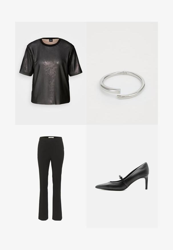 Haut noir à manches courtes avec une finition texturée et brillante, encolure ras du cou et coupe ample. Présente des sequins subtils pour un aspect réfléchissant.; Pantalons noirs ajustés avec une coupe slim, bas évasé, devant plat et sans poches visibles. Fabriqués en tissu lisse avec des coutures minimales.; Escarpin noir en cuir à bout pointu avec une fine bride et une boucle sur le cou-de-pied, posé sur un fond clair neutre.; Calvin Klein SPIRAL - Bracelet - silver-coloured