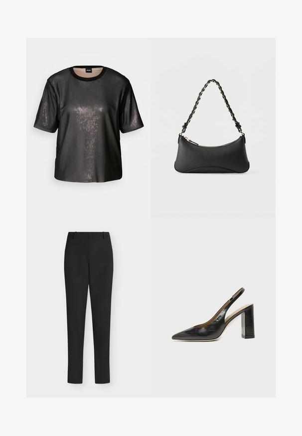 Schwarzes kurzärmeliges Top mit einer strukturierten, glänzenden Oberfläche, runder Halslinie und lockerer Passform. Mit feinen Pailletten für ein reflektierendes Aussehen.; Schwarze Slim-Fit-Hose mit Gürtelschlaufen, Frontreißverschluss und geraden Beinen, vor weißem Hintergrund präsentiert.; Schwarzer Leder-Slingback-Schuh mit spitzer Kappe, hohem Blockabsatz und beigegefüttertem Innenraum vor hellem, einfarbigem Hintergrund.; Schwarze Lederschultertasche mit gewölbter rechteckiger Form, goldener Kette, die in den geflochtenen schwarzen Riemen eingewebt ist, und Reißverschlussverschluss oben.