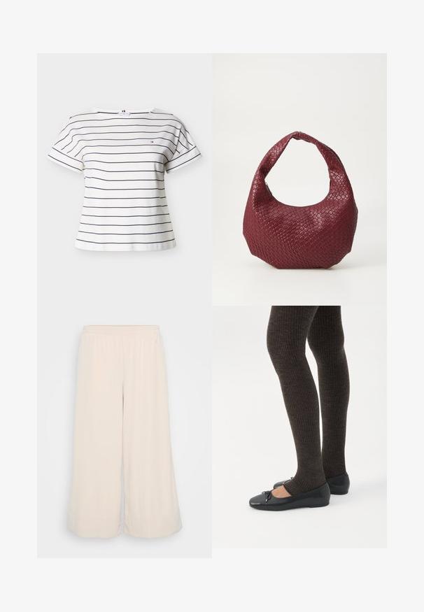 Camiseta blanca de manga corta con cuello redondo, con finas rayas horizontales negras y un pequeño logo bordado en el pecho.; Pantalones de pierna ancha en un beige claro, confeccionados en una suave tela texturizada. Cintura elástica con un acabado limpio en el dobladillo. Diseño sencillo sin bolsillos.; Piernas con leggings oscuros acanalados combinados con bailarinas negras que presentan pequeños detalles de lazo sobre un fondo blanco.; Bolso de mano burdeos tejido con una silueta redondeada, un solo asa y un acabado texturizado. Cierre con cremallera en la parte superior.