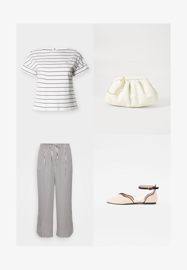 Camiseta blanca de manga corta con cuello redondo, con finas rayas horizontales negras y un pequeño logo bordado en el pecho.; Pantalones cortos con cintura elástica, con rayas verticales en navy y blanco, presentados sobre un fondo blanco liso.; Zapato de ballet plano en beige claro con punta afilada, que presenta un diseño de corte curvado y una correa negra en el tobillo. Textura suave y estilo minimalista.; Bolso de mano de cuero blanco con un diseño recogido, cuenta con una cadena dorada y forma redondeada. Textura suave con pliegues suaves y sin patrones.