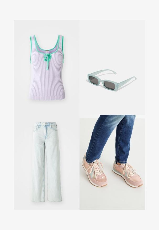 Débardeur lavande à côtes avec garniture verte et un détail de lien central. Design sans manches avec une silhouette ajustée. Texture douce.; Jean en denim de couleur bleu clair, taille haute et jambes larges. Comprend cinq poches et une fermeture à bouton. Texture usée sur les cuisses.; Baskets roses en matières suédé et cuir, avec des accents bleu clair, bout arrondi et semelles en caoutchouc blanches. Les lacets sont beige.; Une paire de lunettes de soleil rectangulaires avec des montures translucides bleu clair et des verres gris foncé, présentant des branches droites et des détails matériels minimaux.