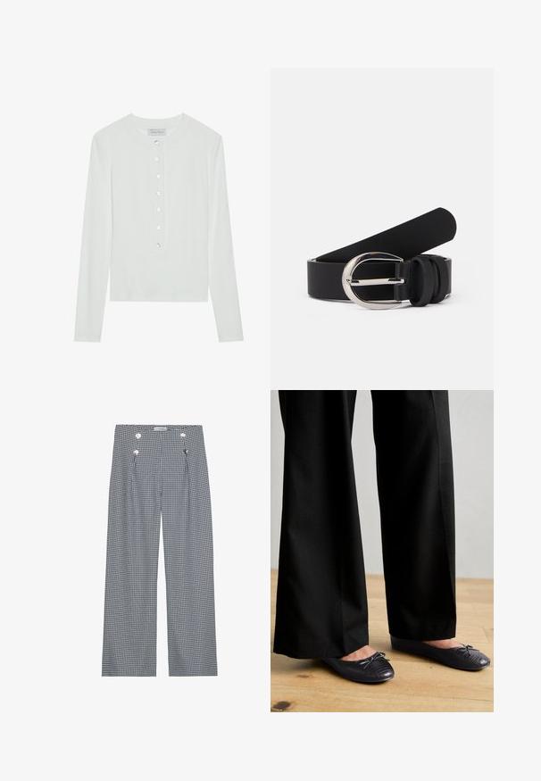 Hvid langærmet top lavet af ribbet stof, med en rund halsudskæring og en knaplukning foran med seks klare knapper.; Bred- og hvidt gingham-mønstret bukser med frontfold og guldfarvede knapdetaljer i taljen. Glat stoftekstur.; Sort bukser med bredde ben og en struktureret overflade, parret med flade sko med en sløjfe og et subtilt krokodillepræget design i sort.; Sort læderbælte med en glat overflade, der har en sølvfarvet metalspænde og enkle løb-accenter. Designet er elegant og minimalistisk.