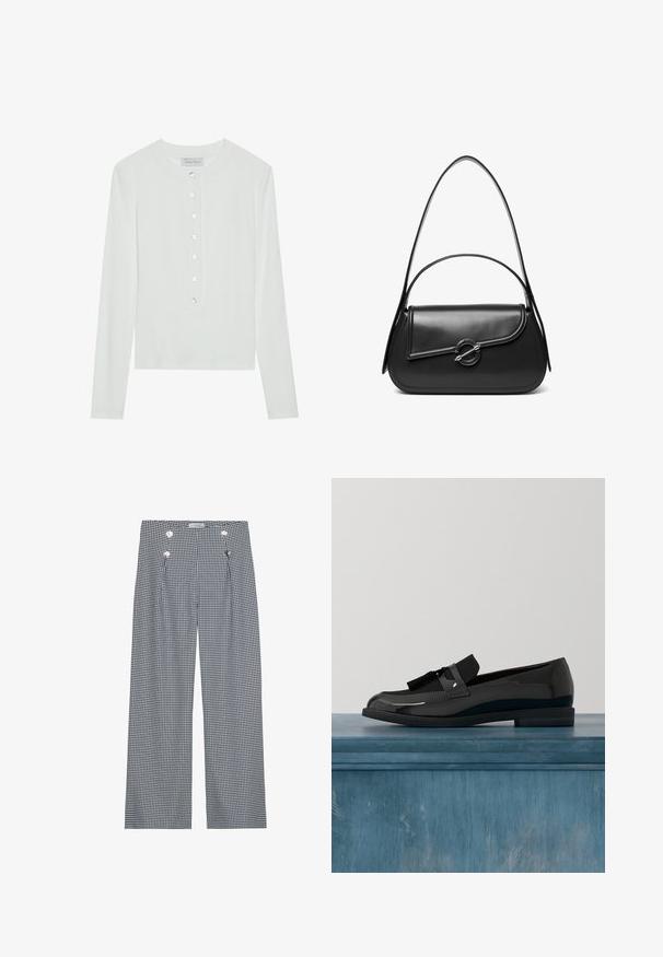 Hvid langærmet top lavet af ribbet stof, med en rund halsudskæring og en knaplukning foran med seks klare knapper.; Bred- og hvidt gingham-mønstret bukser med frontfold og guldfarvede knapdetaljer i taljen. Glat stoftekstur.; Sorte patenterede lædersko med flad hæl, med et frynsedetalje og glat overflade, designet med en rund tå og subtil søm.; Sort skuldertaske i læder med en buet klap, der er fastgjort med en rund metal spænde, og en slank, justerbar rem.