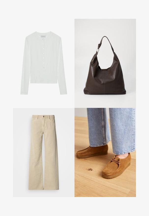 Hvid langærmet top lavet af ribbet stof, med en rund halsudskæring og en knaplukning foran med seks klare knapper.; Beige højtaljede bukser med vide ben, forrest med knap, lynlås, bæltestropper og stil med fem lommer.; Brune ruskindsko med en rund tå og tanfarvet gummisål, der har et simpelt snørebåndsdesign, parret med lyseblå denimbukser.; Zign LEATHER - Shopping bags - chocolate brown