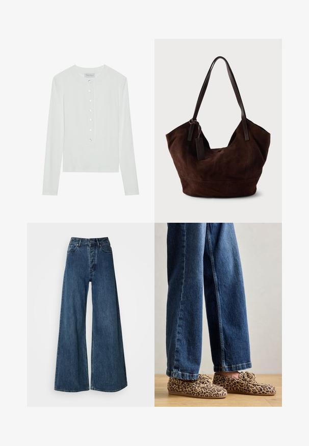 Hvid langærmet top lavet af ribbet stof, med en rund halsudskæring og en knaplukning foran med seks klare knapper.; Bredde bukser i denim i mørkeblå, med høj talje, fem-lomme design og kontrasterende syninger. Klassisk, holdbart stof.; Læderloafers med leopardmønster, lavet af ruskind, med rund tå, snøre-design og flade, fleksible såler, parret med blå denim jeans.; Brun ruskind taske med en blød, slouchy form. Har læderhåndtag og et tag-accent. Enkelt tekstur med buede sømme.