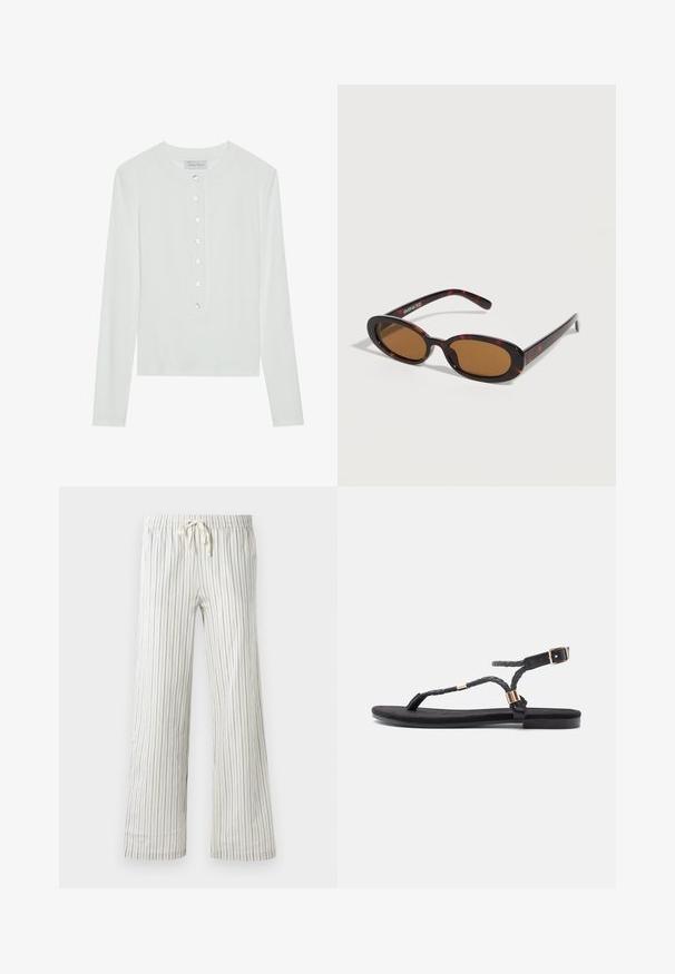 Top blanco de manga larga hecho de tela acanalada, con un cuello redondo y un cierre frontal abotonado con seis botones transparentes.; Pantalones blancos con cordón y finas rayas verticales azules, con cintura elástica, mostrados de frente sobre un fondo liso.; Sandalias planas negras con tiras trenzadas y un acento metálico. Presentan una hebilla ajustable y una suela de goma plana para mayor comodidad.; Gafas de sol ovaladas con montura carey, lentes tintadas en marrón y varillas delgadas apoyadas sobre una superficie blanca.