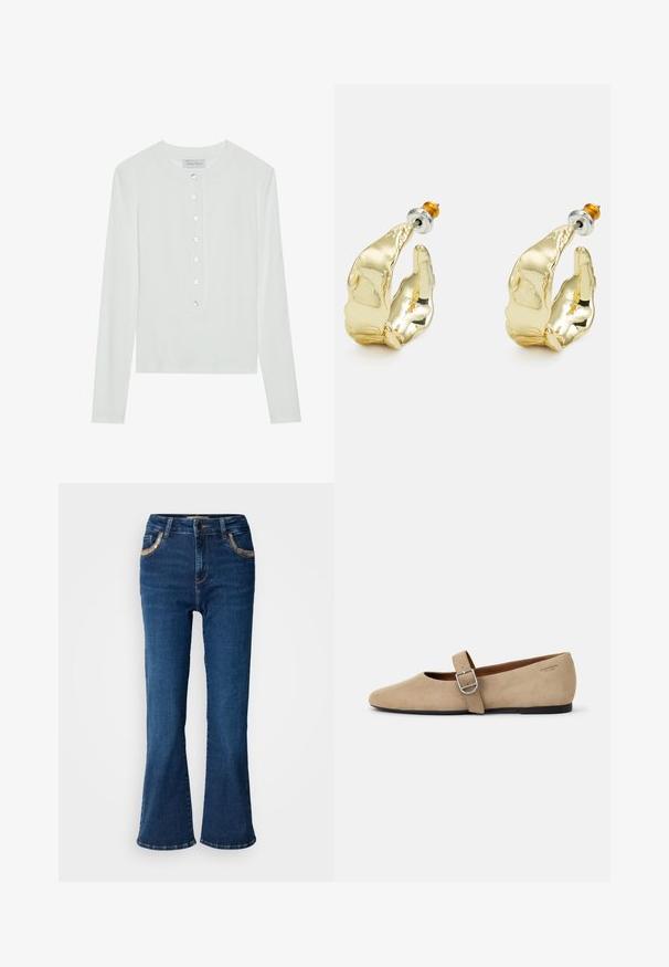 Weißes Langarmoberteil aus geripptem Stoff, mit einem runden Ausschnitt und einer Knopfleiste mit sechs transparenten Knöpfen.; Dunkelblaue ausgestellte Jeans mit einer glatten Denim-Oberfläche, kontrastierender goldener Naht und Akzenten an den Fronttaschen. Klassisches Fünf-Taschen-Design.; Beige Wildleder Mary Jane Ballerinas mit spitzer Zehe und einem verstellbaren Riemen mit einer silbernen Schnalle. Schwarze flache Sohle.; Goldfarbene Ohrringe in Form abstrakter Hände, mit einer glänzenden Oberfläche, filigranen Details und einem Silber- und Goldstift für sicheren Halt.