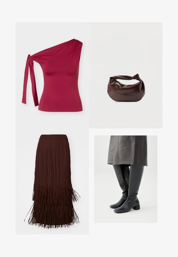 Ärmelloses, einseitig getragenes bordeauxrotes Top mit seitlichem Knotendetail und figurbetonter Silhouette vor einem einfarbigen hellgrauen Hintergrund.; Brauner plissierter Midirock mit gestuften Fransendetails am Saum, elastischem Taillenbund und fließender Textur.; Kniehohe schwarze Lederstiefel mit quadratischer Zehenpartie, schrägem Blockabsatz und seitlichem Reißverschluss; glatte Textur und körperbetontes Design.; Dunkelbraune Lederschultertasche mit weicher, lockerer Form und einem gedrehten Knotengriff vor schlichtem weißem Hintergrund.