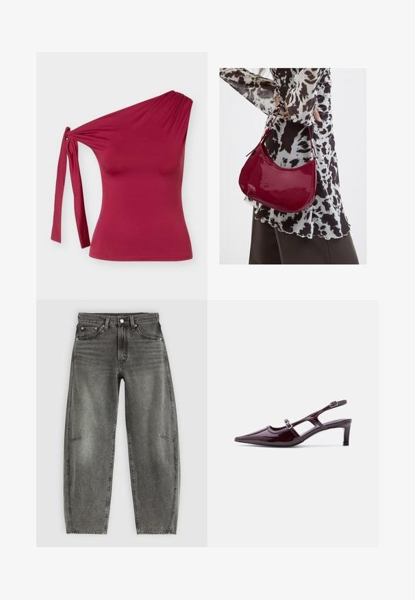 Ärmelloses, einseitig getragenes bordeauxrotes Top mit seitlichem Knotendetail und figurbetonter Silhouette vor einem einfarbigen hellgrauen Hintergrund.; Hochtaillierte, grau gewaschene Jeans aus Denim mit fünf Taschen, Knopfverschluss und einer lässigen, geraden Passform.; Bordeauxfarbener Slingback-Schuh aus Lackleder mit spitzer Zehenpartie, niedrigem Absatz und doppelten verstellbaren Schnallenriemen.; Frau trägt eine schwarz-weiß gemusterte Bluse und hält eine glänzende rote Schultertasche vor einem einfarbigen Hintergrund.