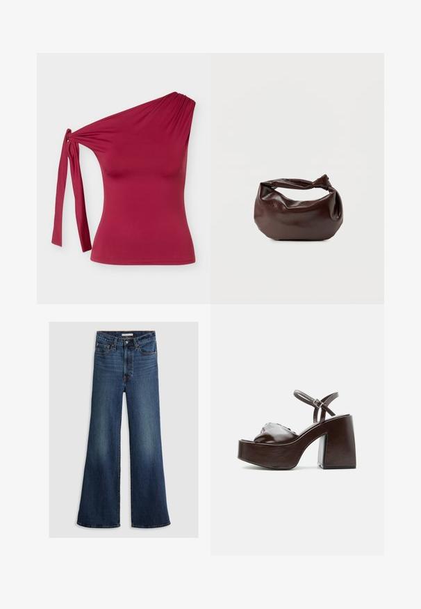 Top sin mangas de un hombro en color granate con detalle de nudo lateral y silueta ajustada sobre un fondo liso gris claro.; Jeans de pierna ancha en denim azul oscuro, con una cintura alta, diseño de cinco bolsillos y costuras en contraste a lo largo de las costuras y la cinturilla.; Sandalia de plataforma de cuero marrón oscuro con tacón grueso de bloque, puntera abierta y correa ajustable en el tobillo con hebilla metálica.; Bolso de hombro de cuero marrón oscuro con una forma suave y caída, y un asa con nudo torcido sobre un fondo blanco liso.
