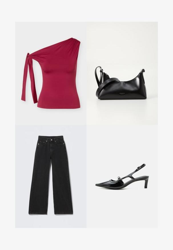 Lynløs one-shoulder top i vinrød med knudedetalje i siden og tætsiddende silhuet mod en ensfarvet lys grå baggrund.; Sorte højttaljede bredbenede jeans med knap- og lynlåslukning foran, bæltestropper og fem forlommer på en lys baggrund.; Sort laklæder spids tå slingback sko med lav hæl og to justerbare spænder, vist i sideprofil.; Sort læderhåndtaske med en glat tekstur. Har en justerbar stropp og et enkelt, minimalistisk design med lynlås.