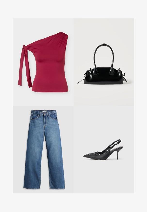 Lynløs one-shoulder top i vinrød med knudedetalje i siden og tætsiddende silhuet mod en ensfarvet lys grå baggrund.; Blå denim brede jeans med høj talje, der har fem lommer, kontrastsyning og lynlås.; Sorte læder slingback stiletto med spids tå, side spændebånd, nitter langs kanten og dekorativ snøring foran.; Lille sort blank håndtaske med to lange håndtag og snøre-detaljer i siden på en ensfarvet lys baggrund.